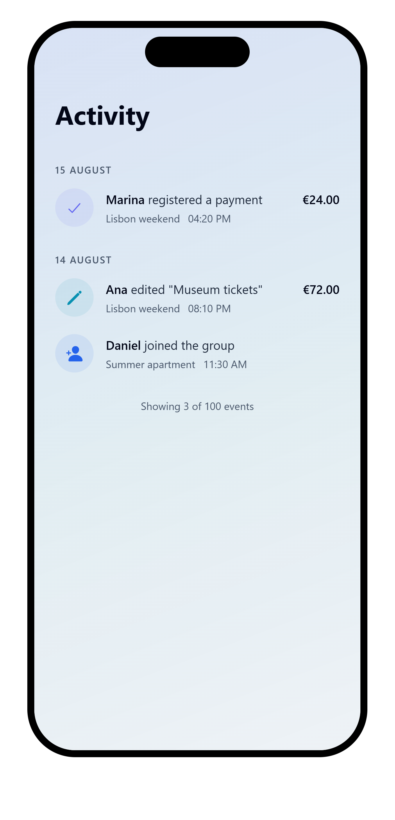 VAKKA Activity timeline with Marina's EUR 24.00 payment and Lisbon weekend expense events grouped by date.