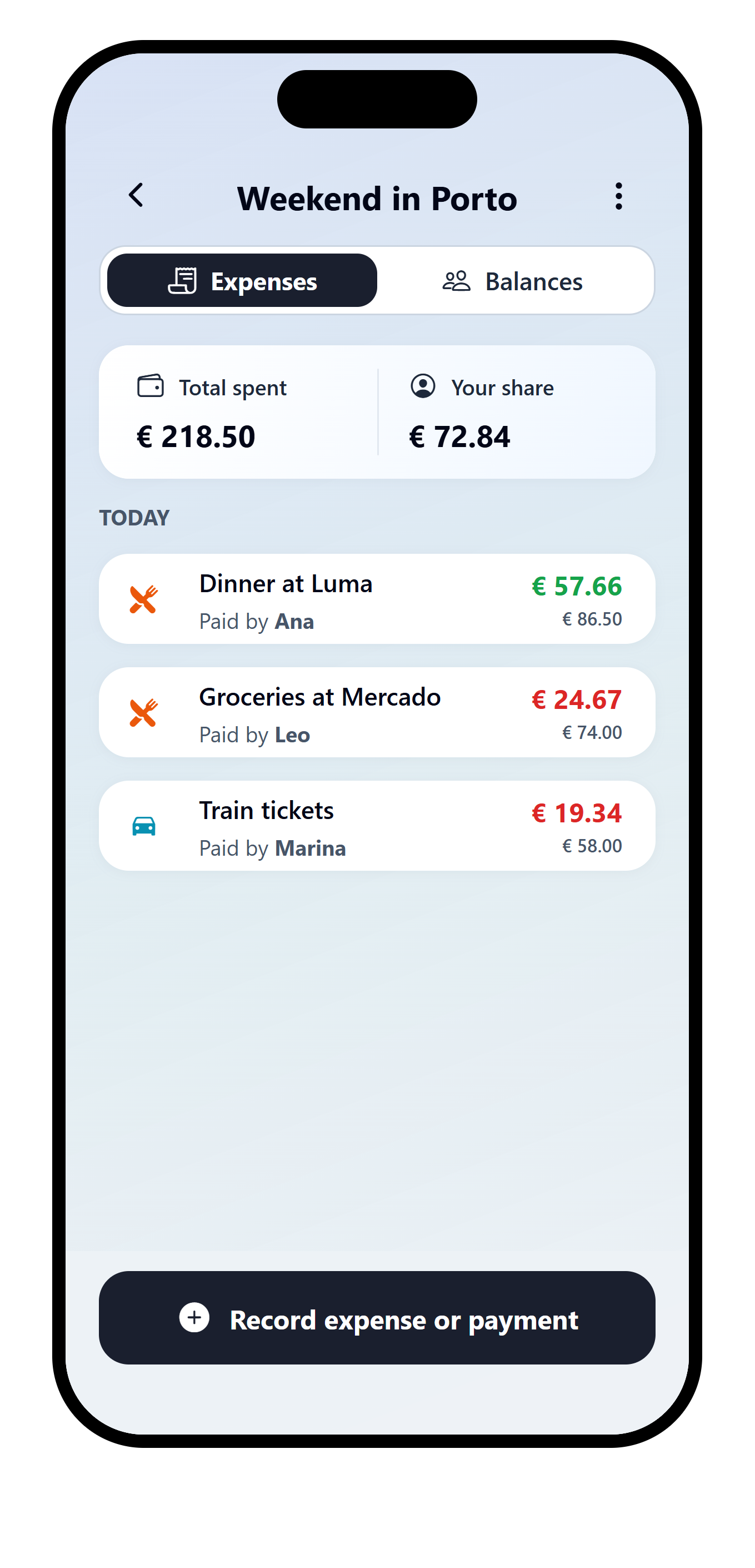 VAKKA Expenses view inside Weekend in Porto with the Add expense button at the bottom.