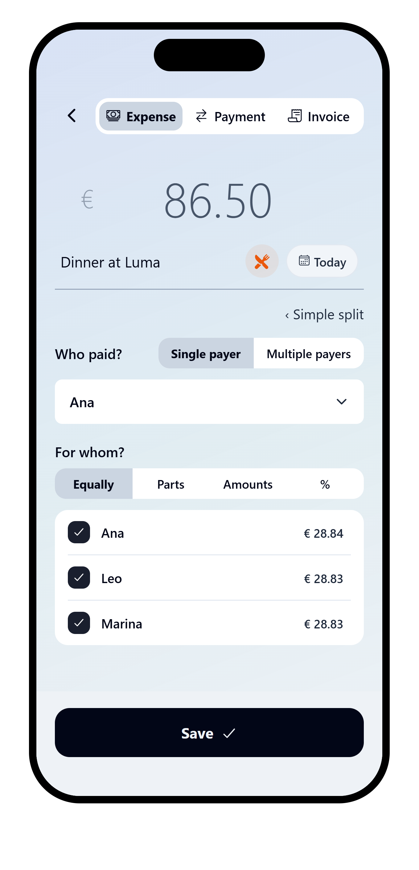 VAKKA expense form in Advanced split with the original amount and description visible above payer and participant controls.