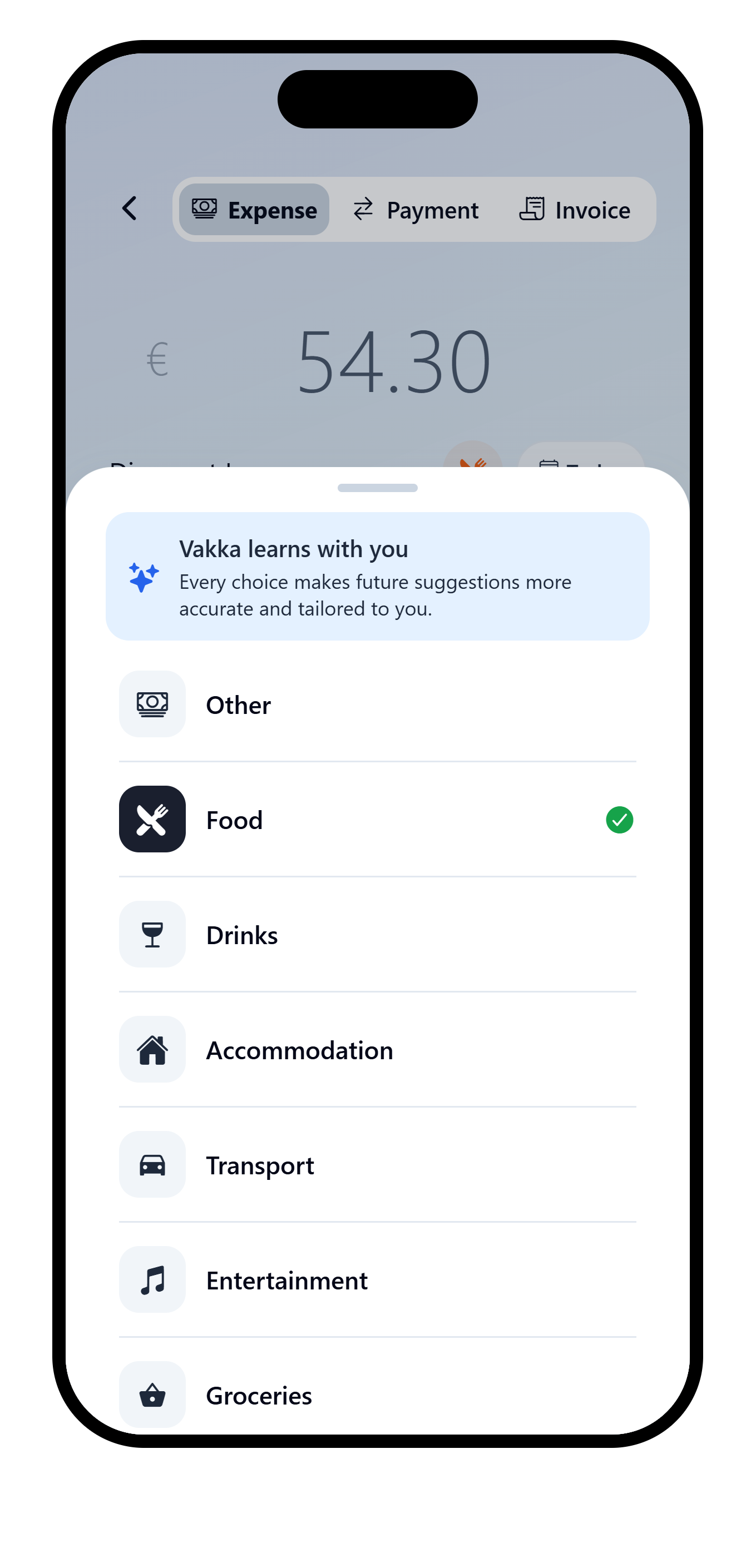 VAKKA category picker open with Food selected.