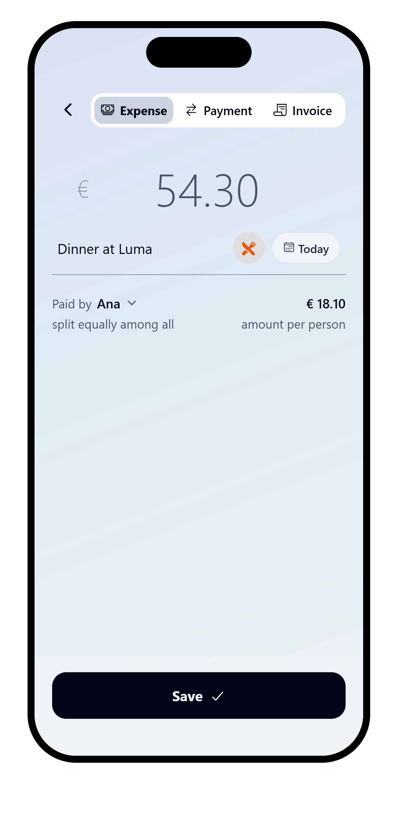 VAKKA expense form with the food category suggested from its description.