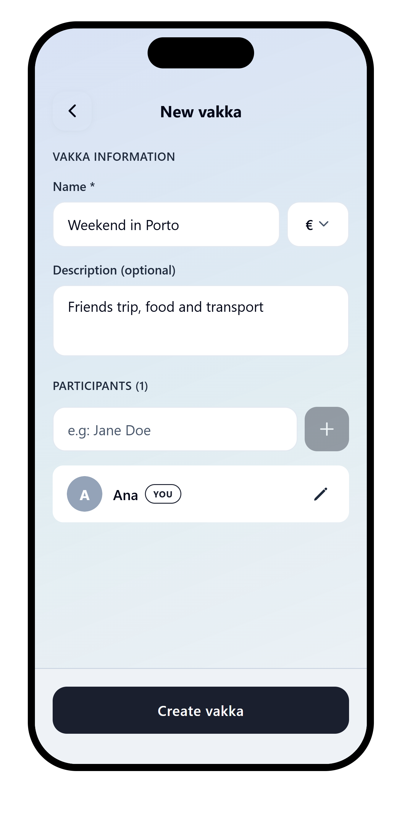 VAKKA creation form with a vakka name and EUR currency selected.