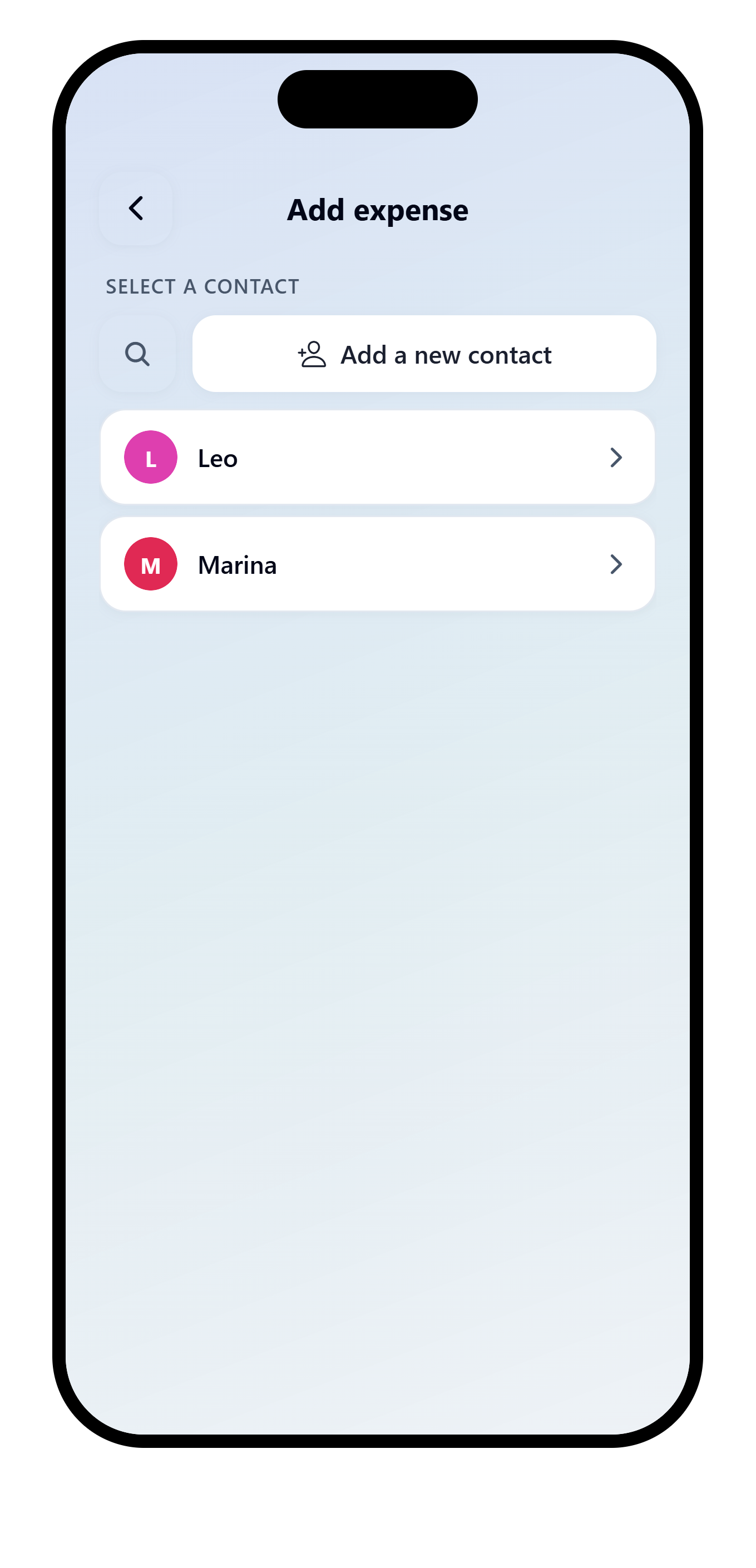 VAKKA direct expense contact selection with recent contacts and the Add contact action.