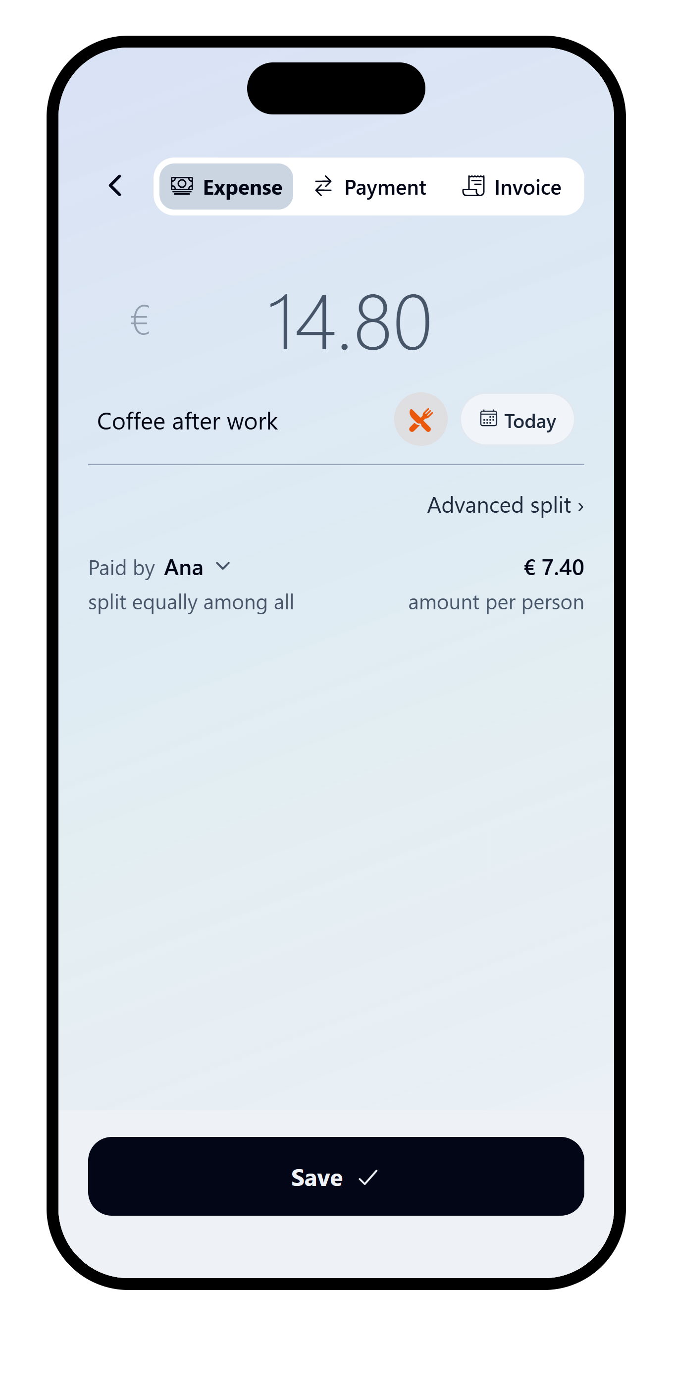 VAKKA direct expense form for Coffee after work, split between two people.
