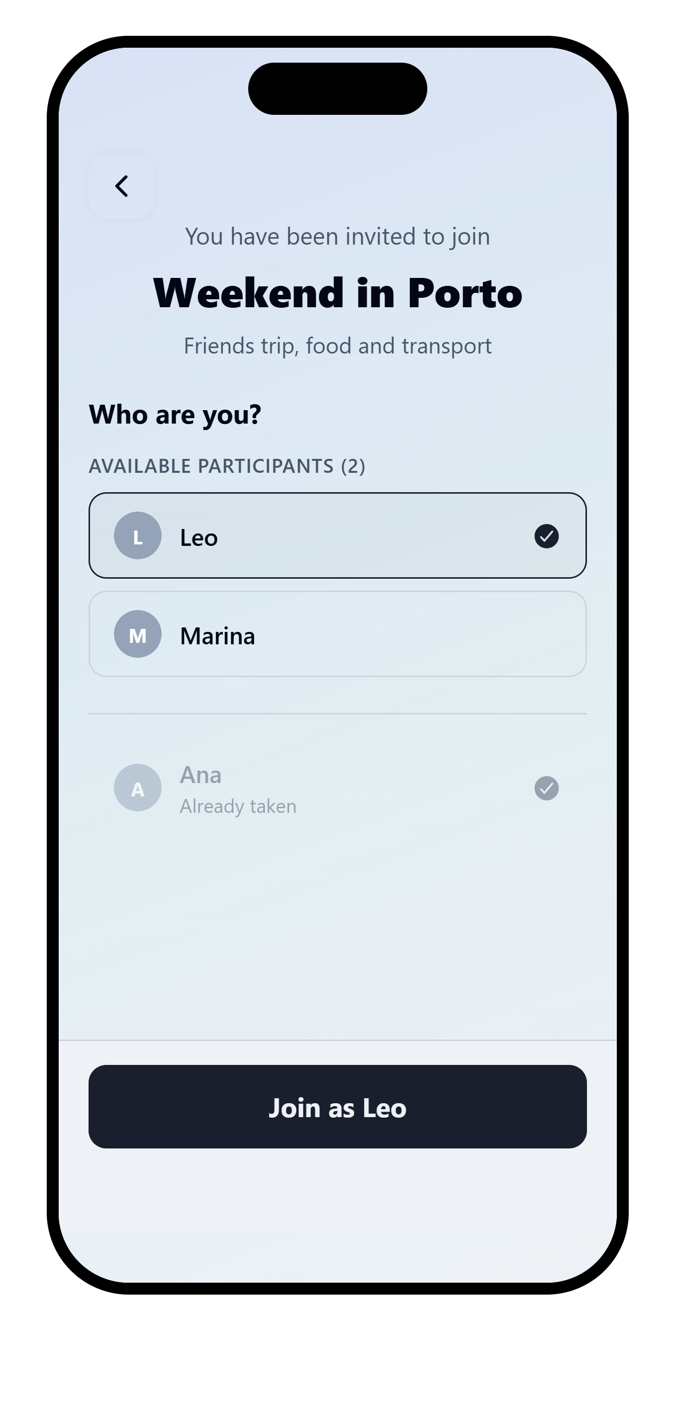 VAKKA invitation flow showing available names and Leo selected to claim.