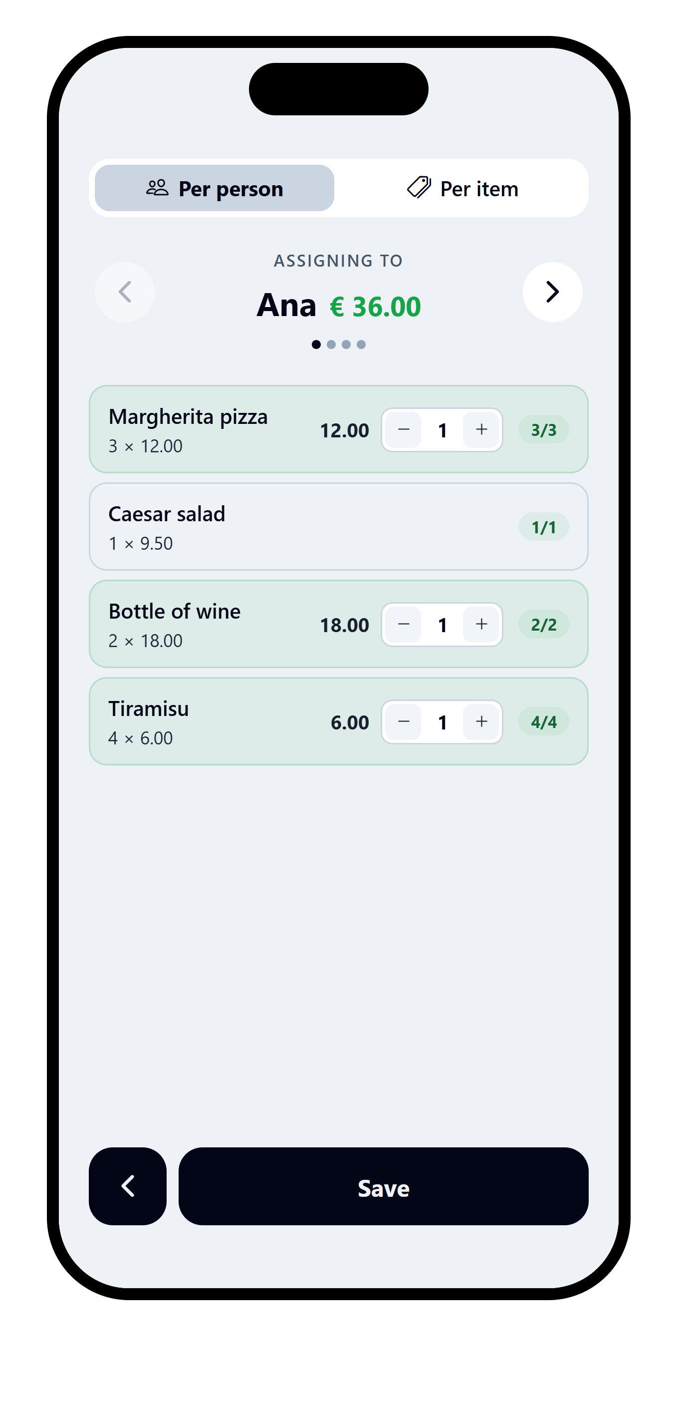 VAKKA invoice assignment by person with controls for adjusting shared item quantities.
