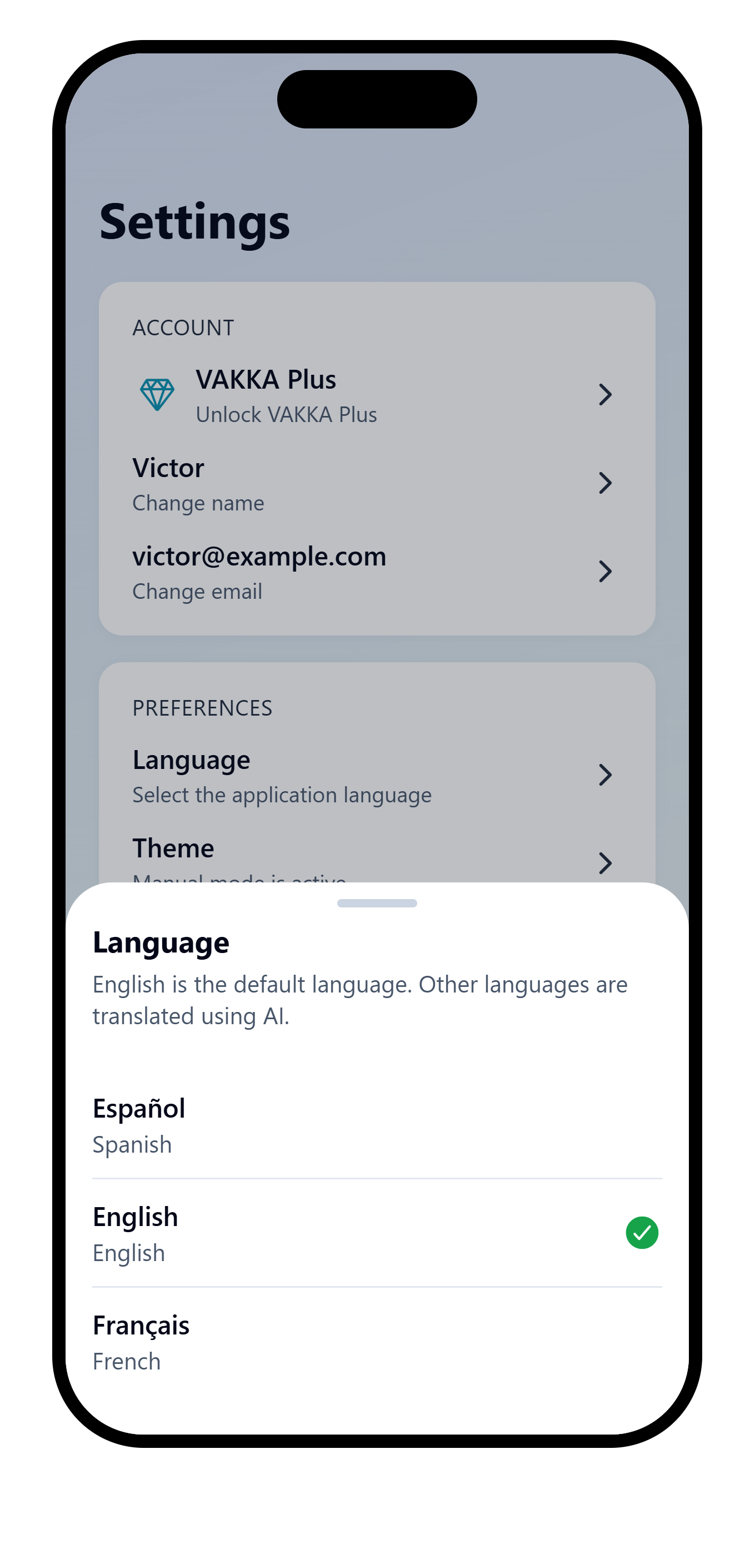VAKKA Language selector with English selected and Spanish and French available.