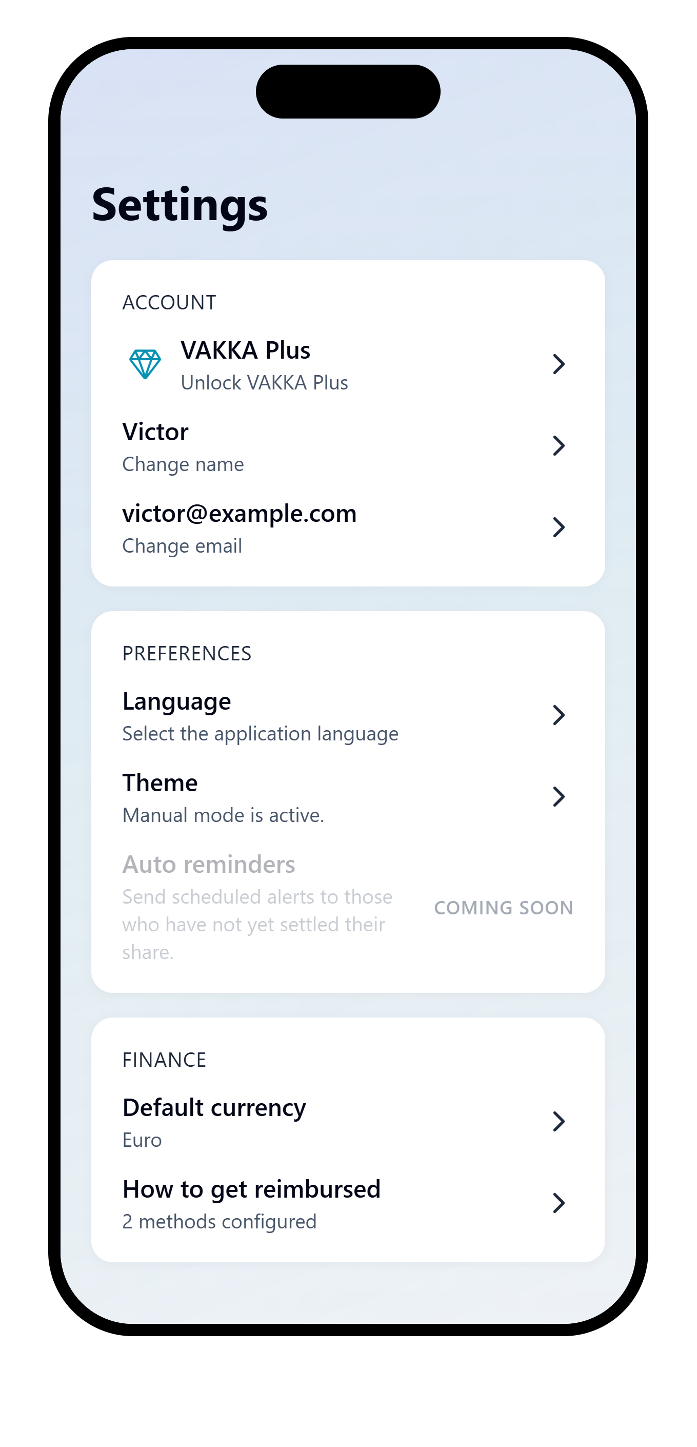 VAKKA Settings with Language and Theme entries in the Preferences section.