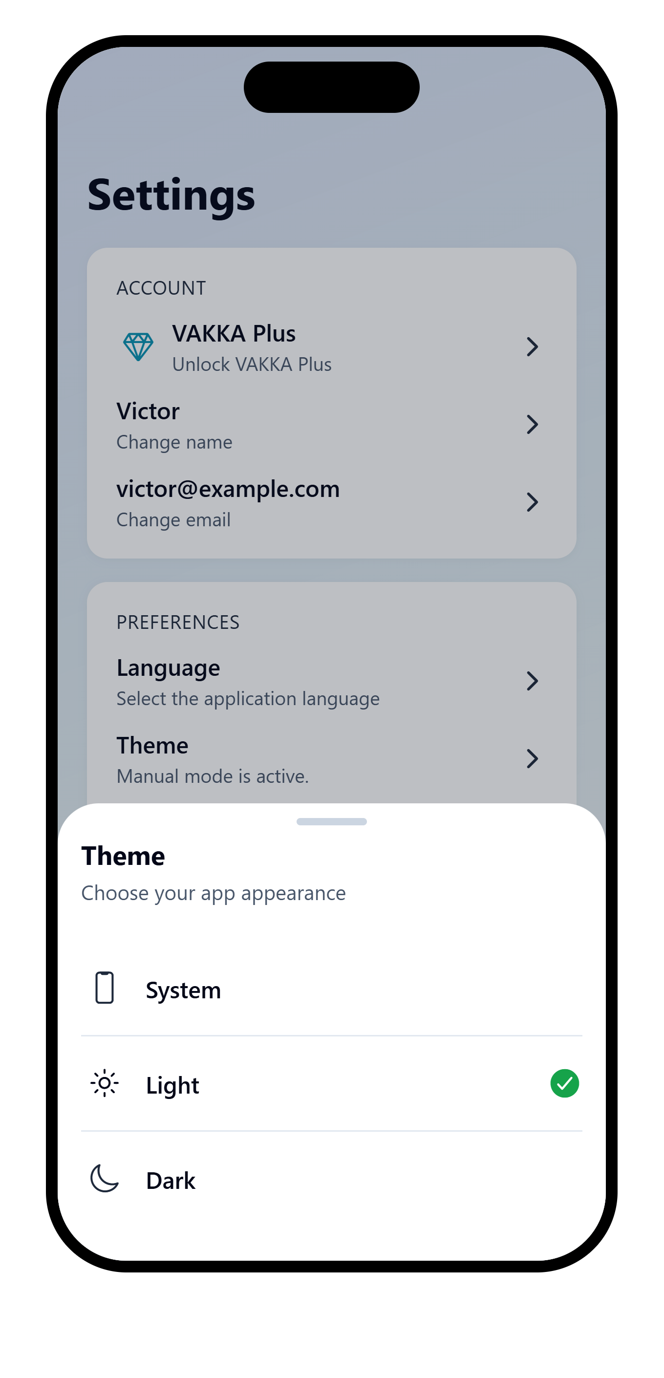 VAKKA Theme selector with System, Light and Dark options.