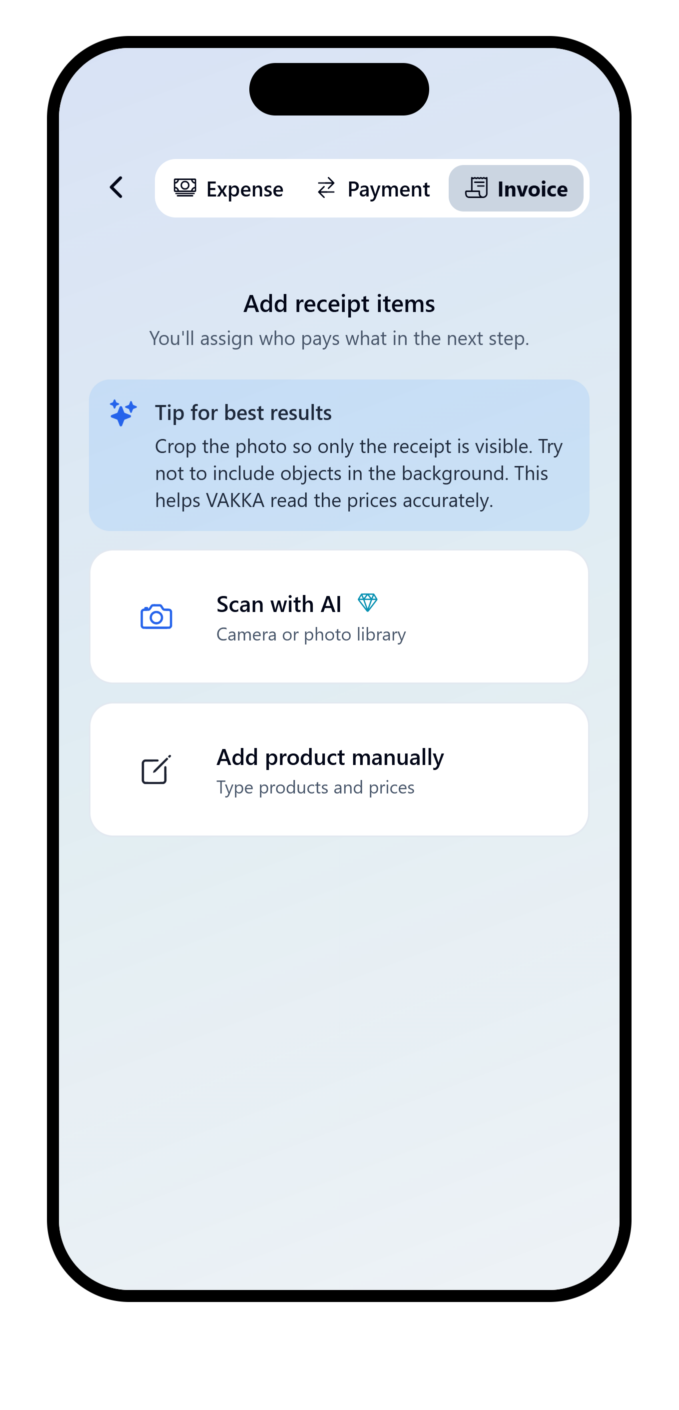 Invoice selected as the entry type in the VAKKA add expense screen.