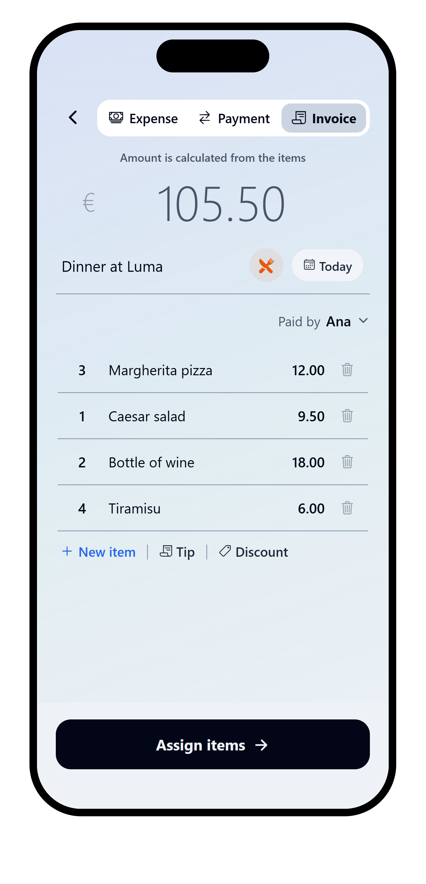 Itemized invoice in VAKKA with product names, quantities and prices ready for assignment.