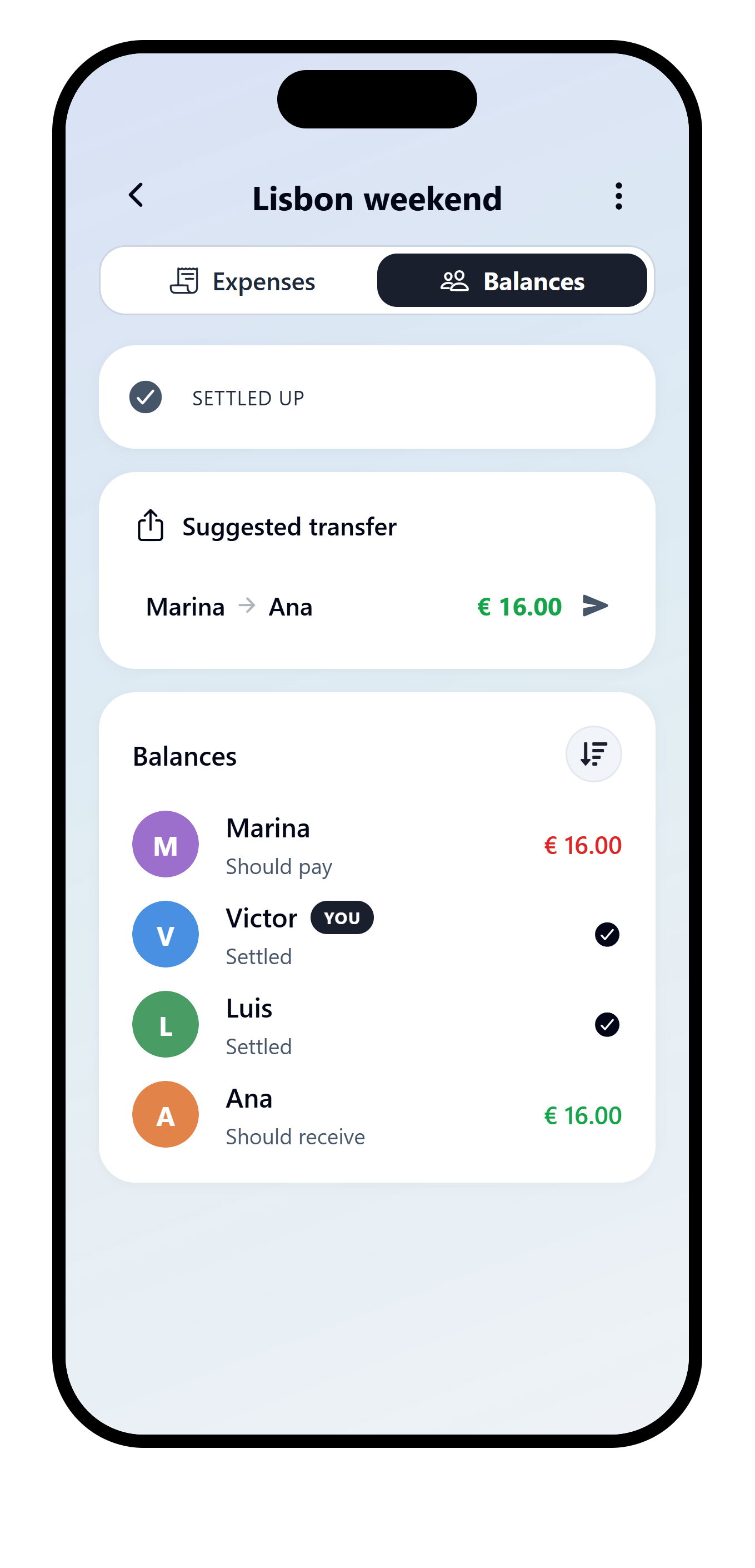 VAKKA Balances view after Marina pays Victor EUR 24.00, leaving only Marina paying Ana EUR 16.00.