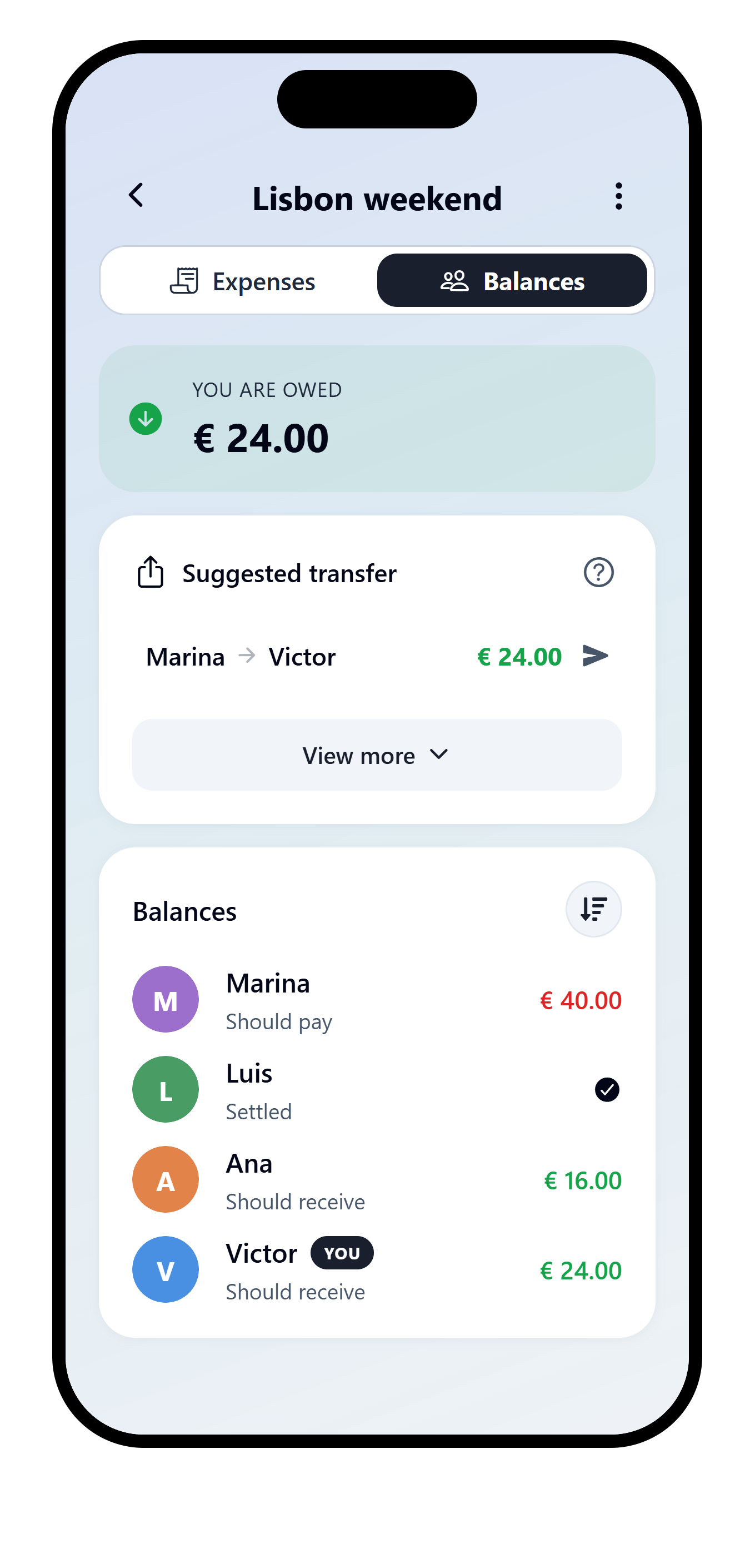 VAKKA suggested repayment from Marina to Victor for EUR 24.00 in the Lisbon weekend balance.