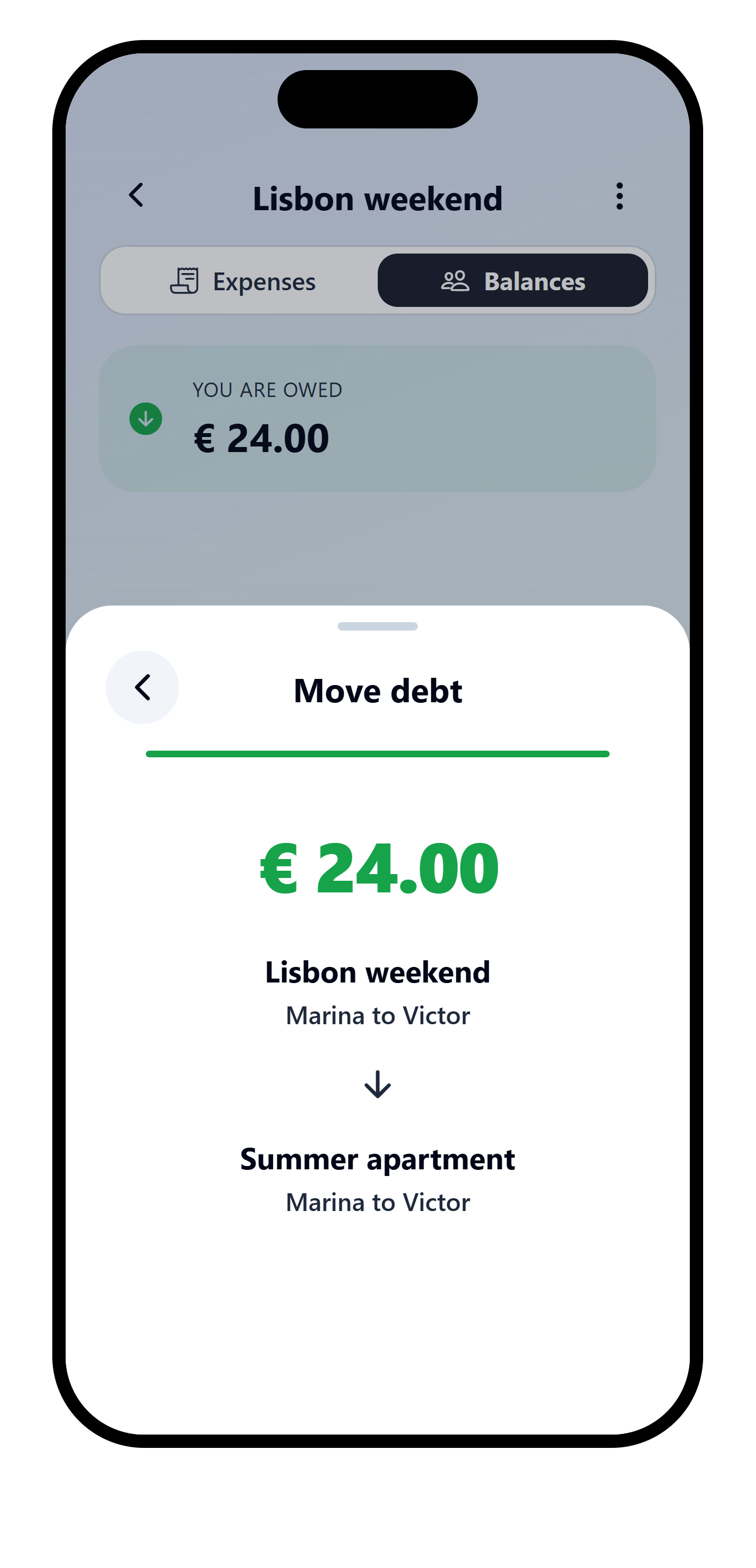 VAKKA Move debt confirmation moving Marina's EUR 24.00 obligation from Lisbon weekend to Summer apartment.
