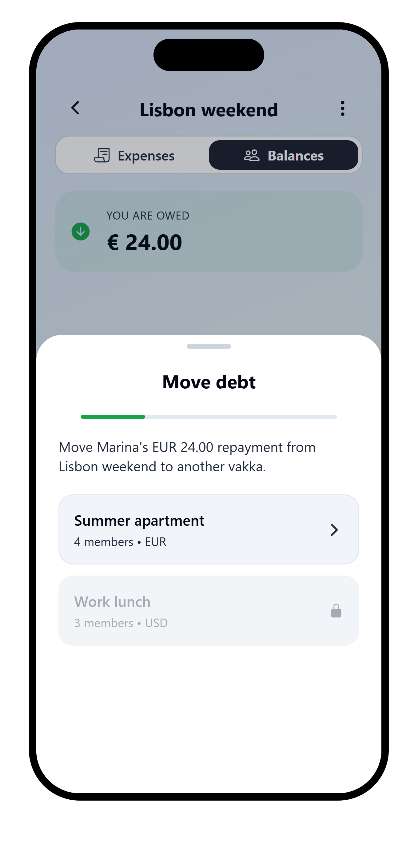 VAKKA Move debt flow showing Summer apartment in EUR available and Work lunch in USD locked.