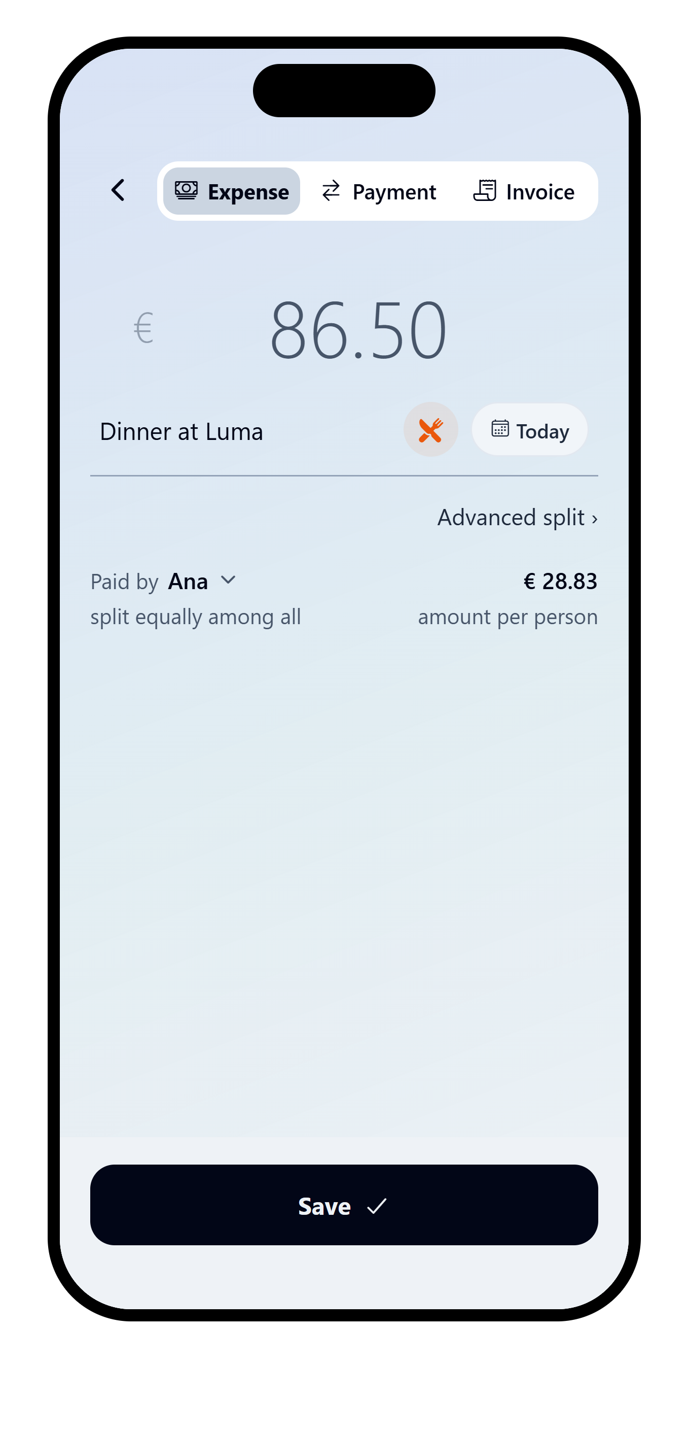 VAKKA expense form with the Advanced split action visible below the description.