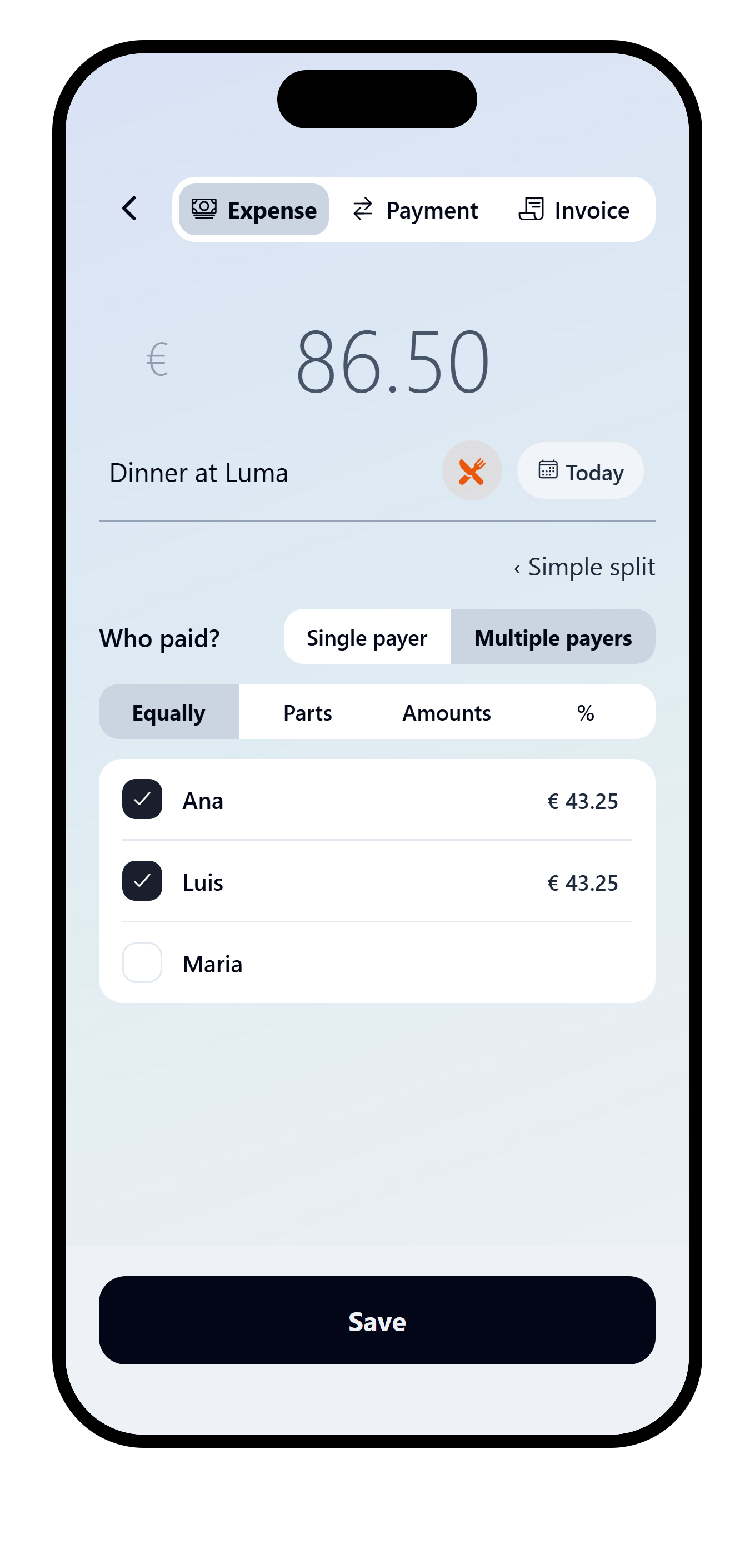 VAKKA advanced expense form with Multiple payers selected.