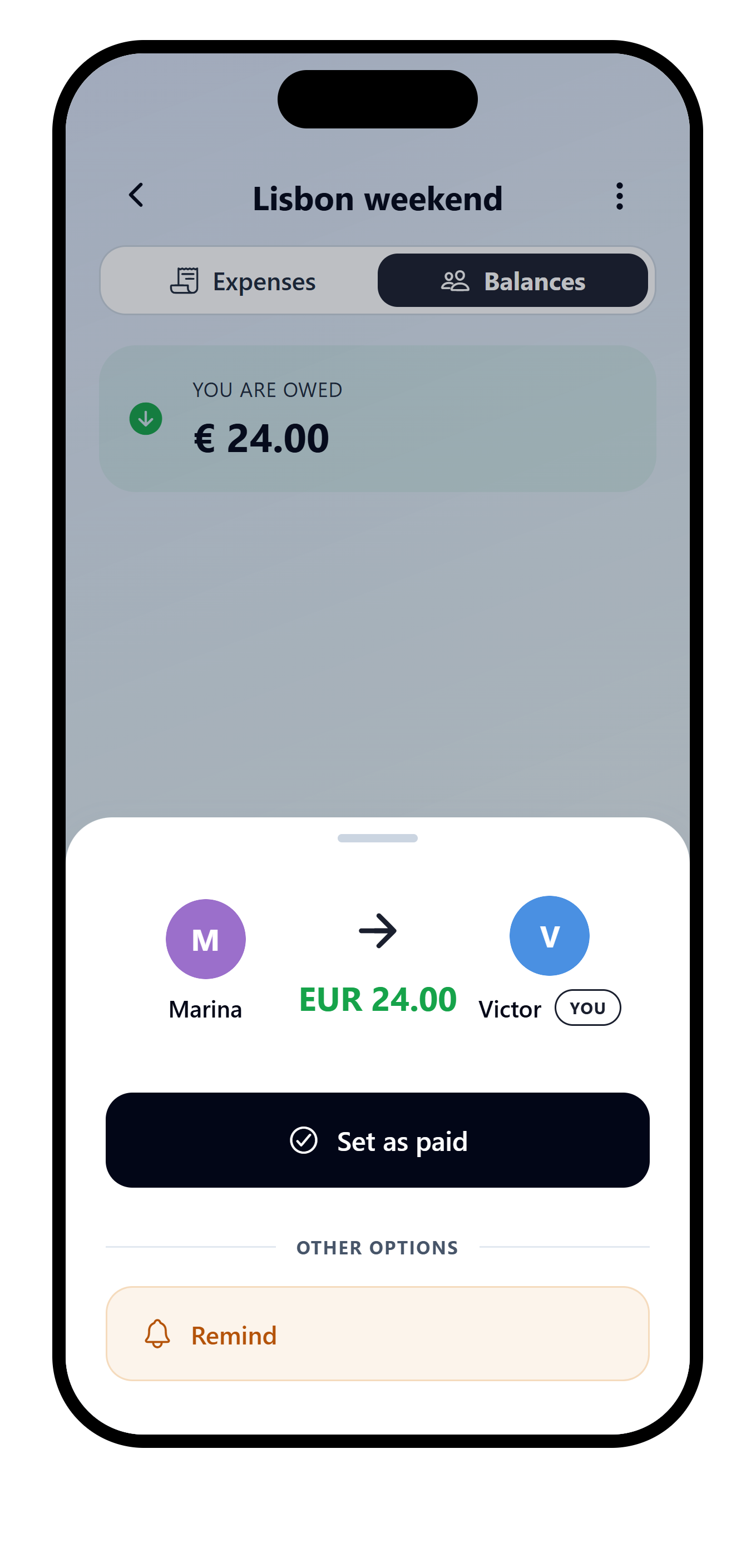 VAKKA repayment detail with the Remind action for Marina's EUR 24.00 payment to Victor.