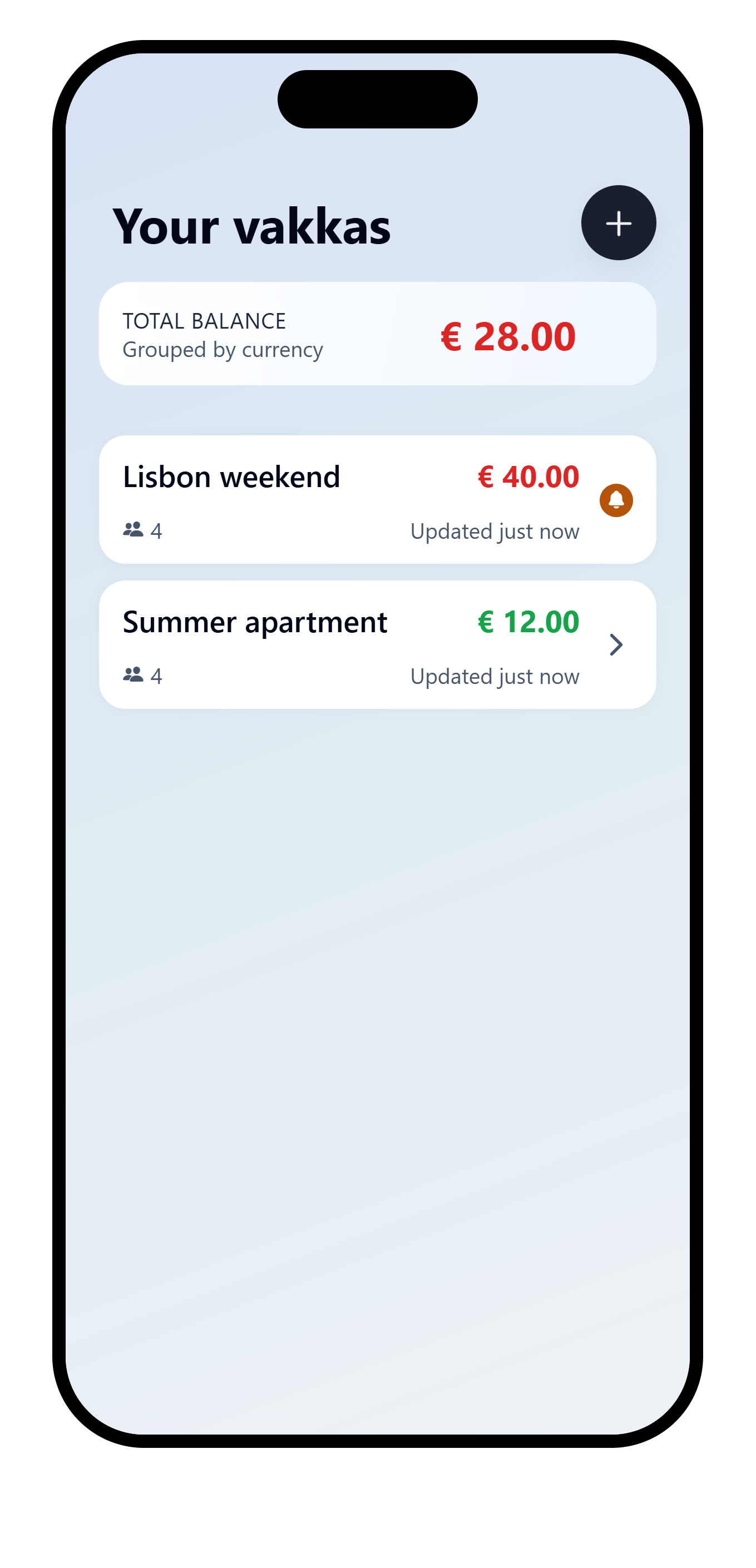 VAKKA home showing a pending payment reminder bell on the Lisbon weekend card.