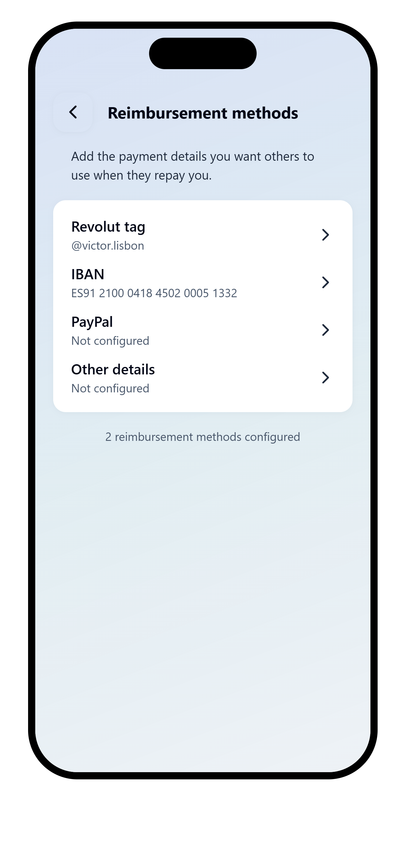 VAKKA Reimbursement methods settings with Revolut and IBAN details configured.