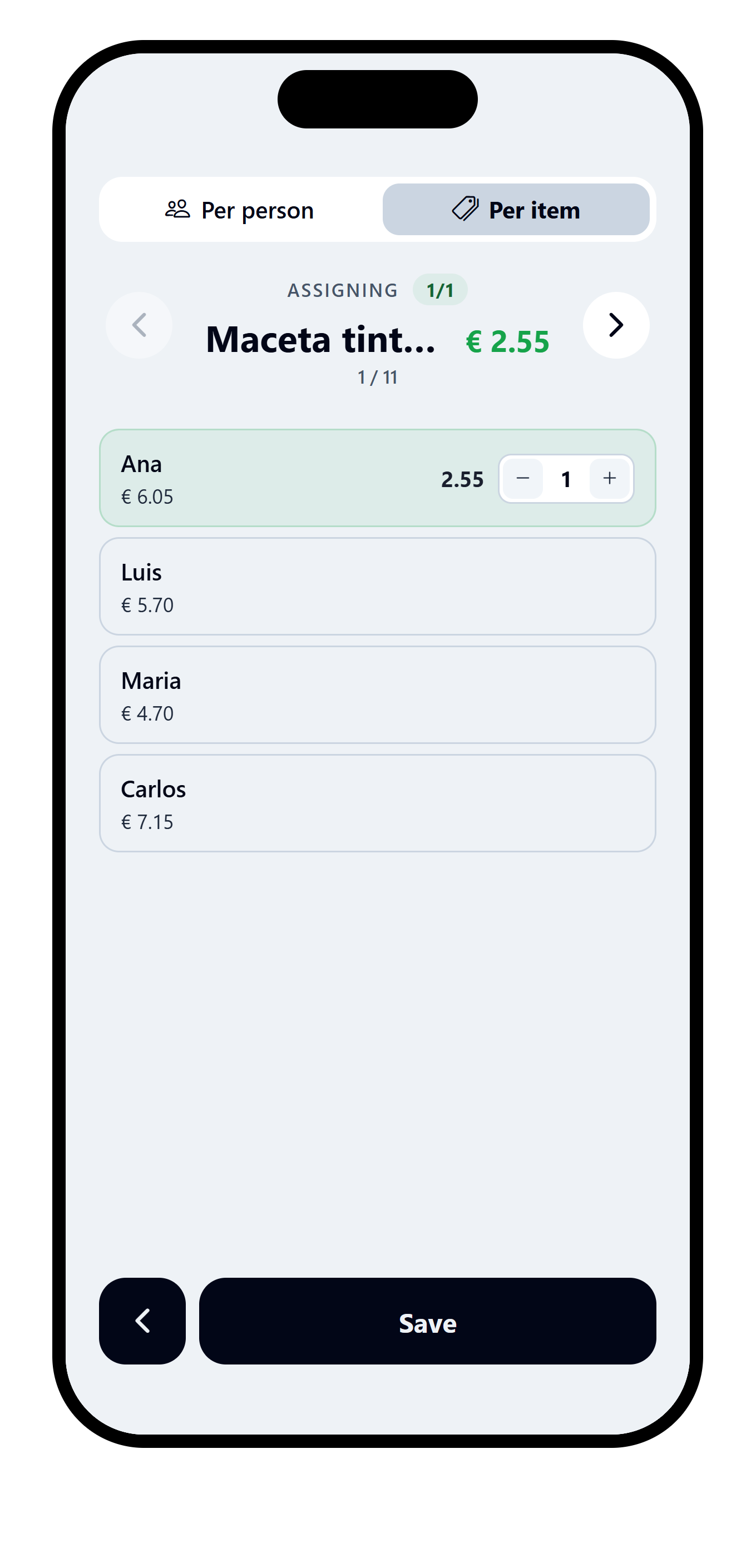 VAKKA scanned receipt assignment with the EUR 23.60 items fully assigned.