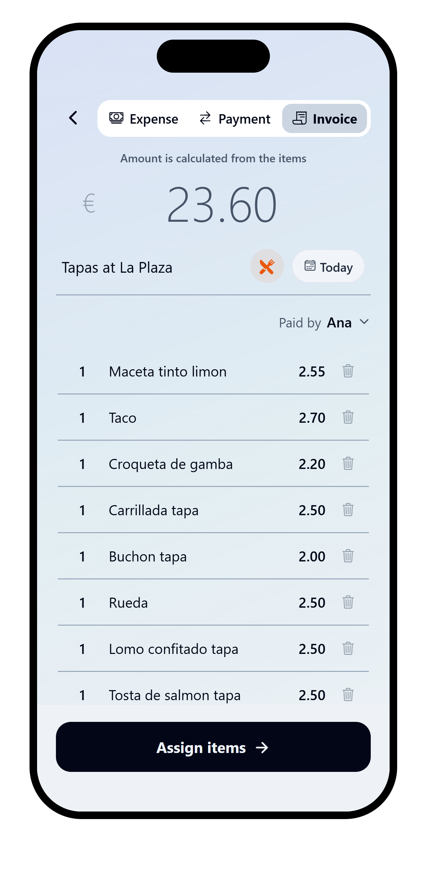 VAKKA editable AI-extracted receipt products totaling EUR 23.60.