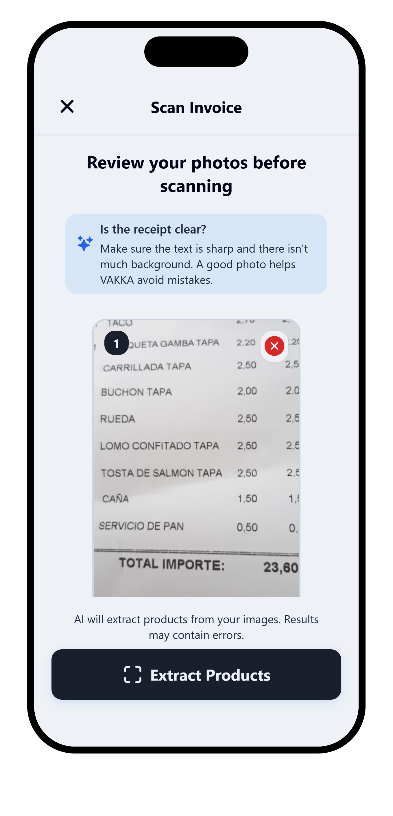 VAKKA scan preview with a photographed restaurant receipt showing a EUR 23.60 total.