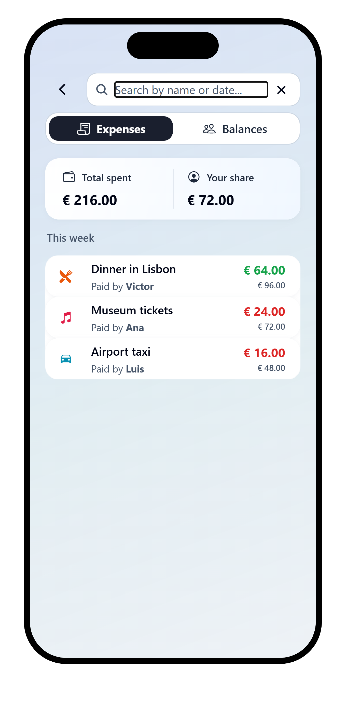 VAKKA Lisbon weekend expense list with the search field open.