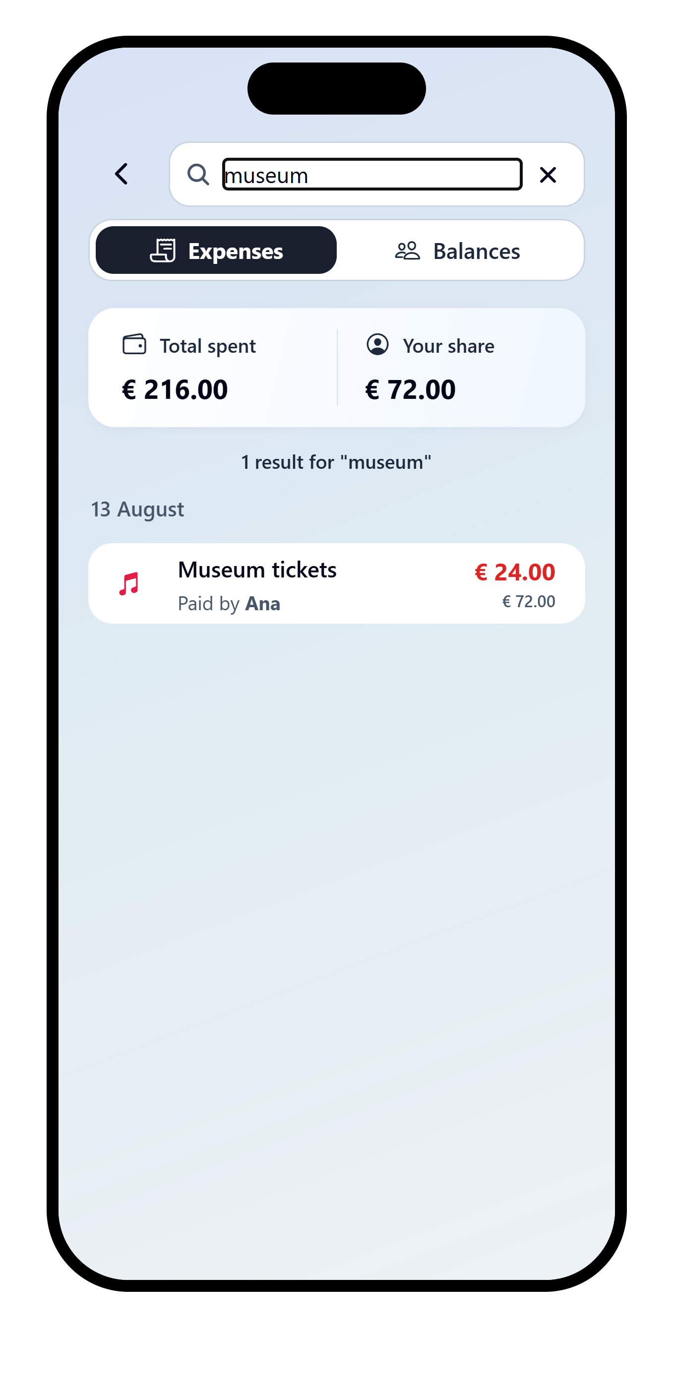 VAKKA expense search for museum showing Ana's EUR 72.00 Museum tickets.