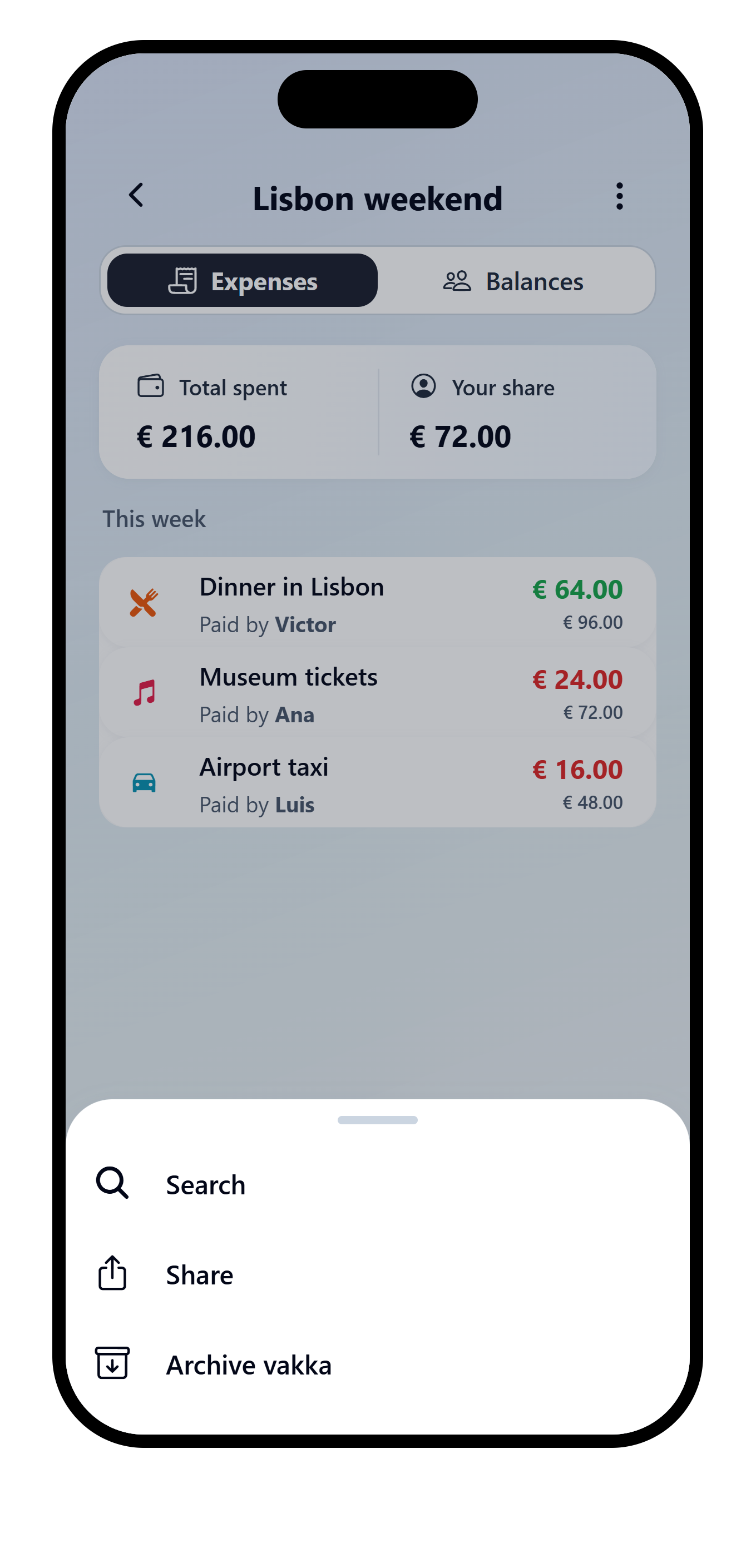 VAKKA Lisbon weekend expense list with the three-dot menu open and the Search option visible.