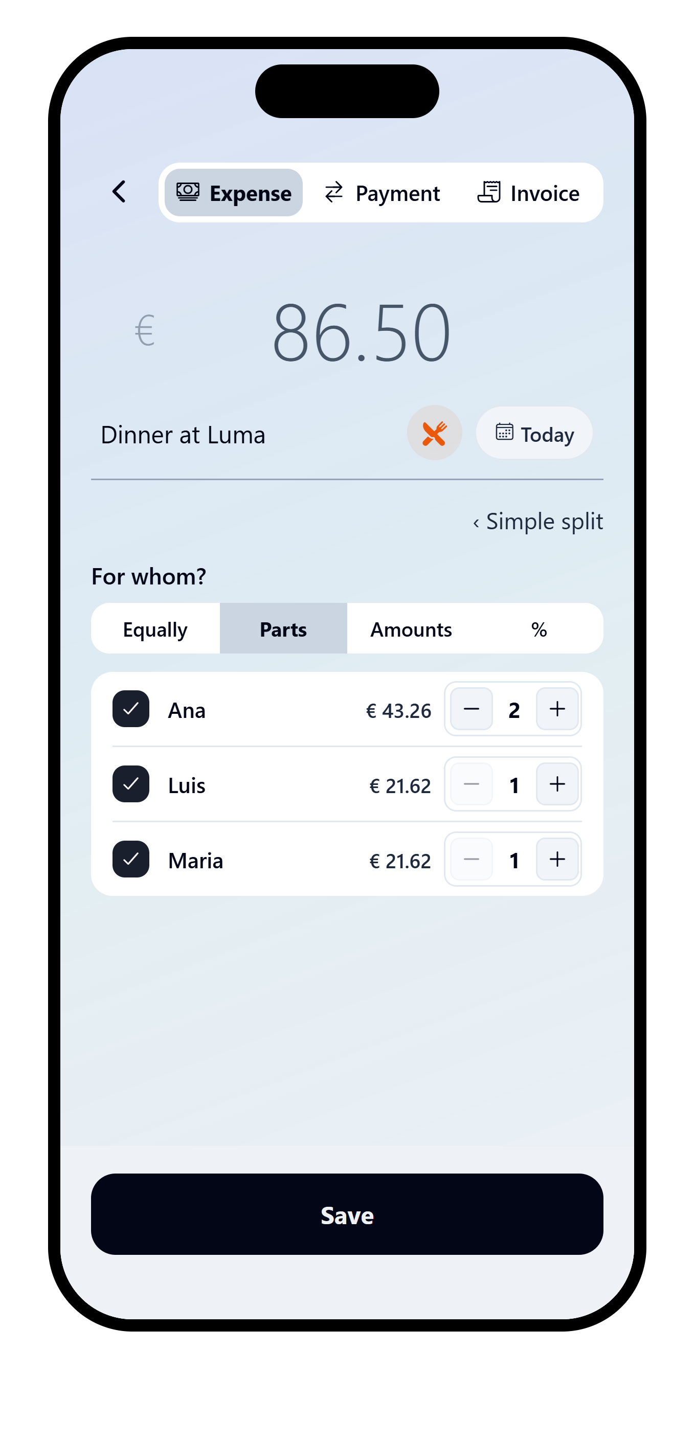 VAKKA expense split by parts with editable shares for each person.