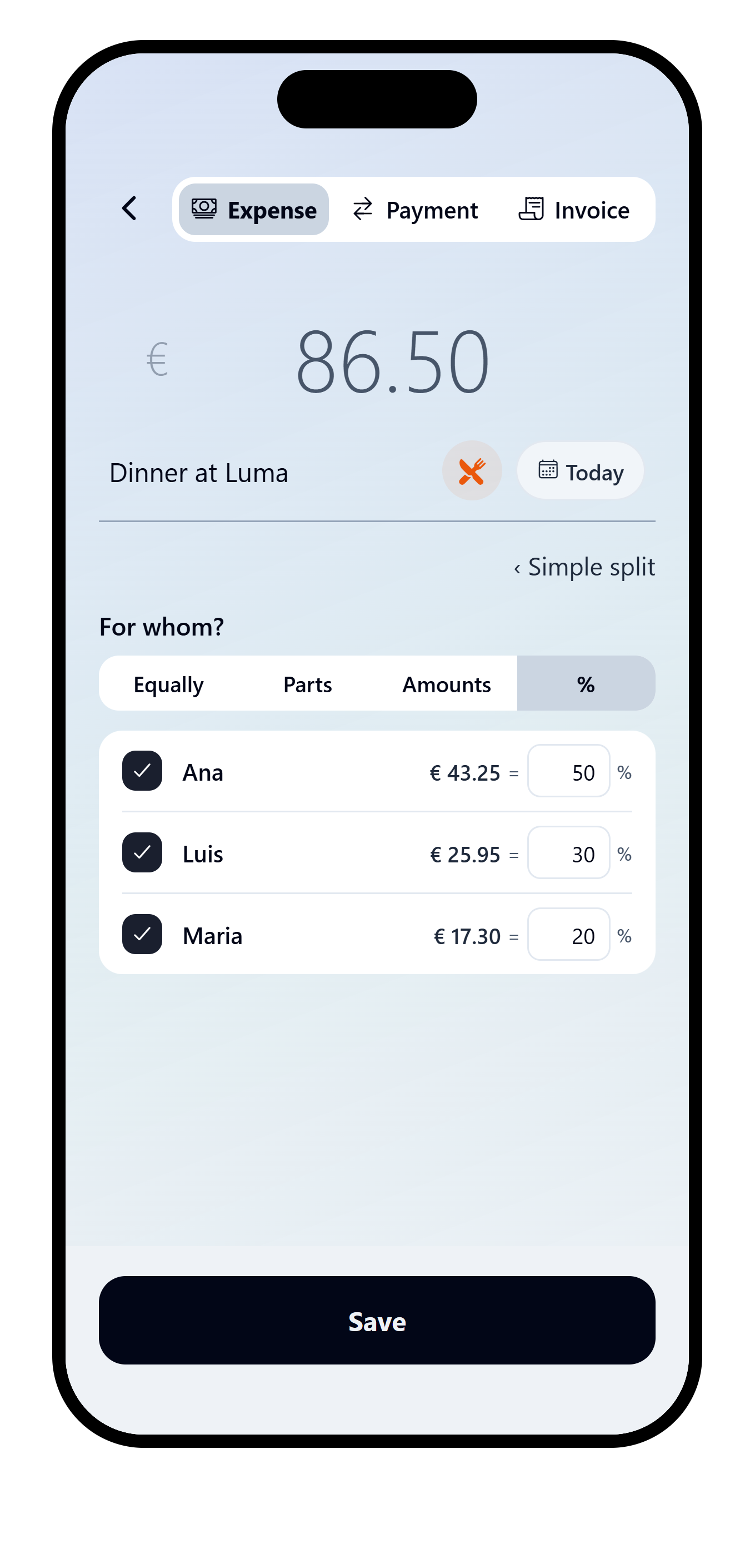 VAKKA expense split by percentage with editable percentages for each person.