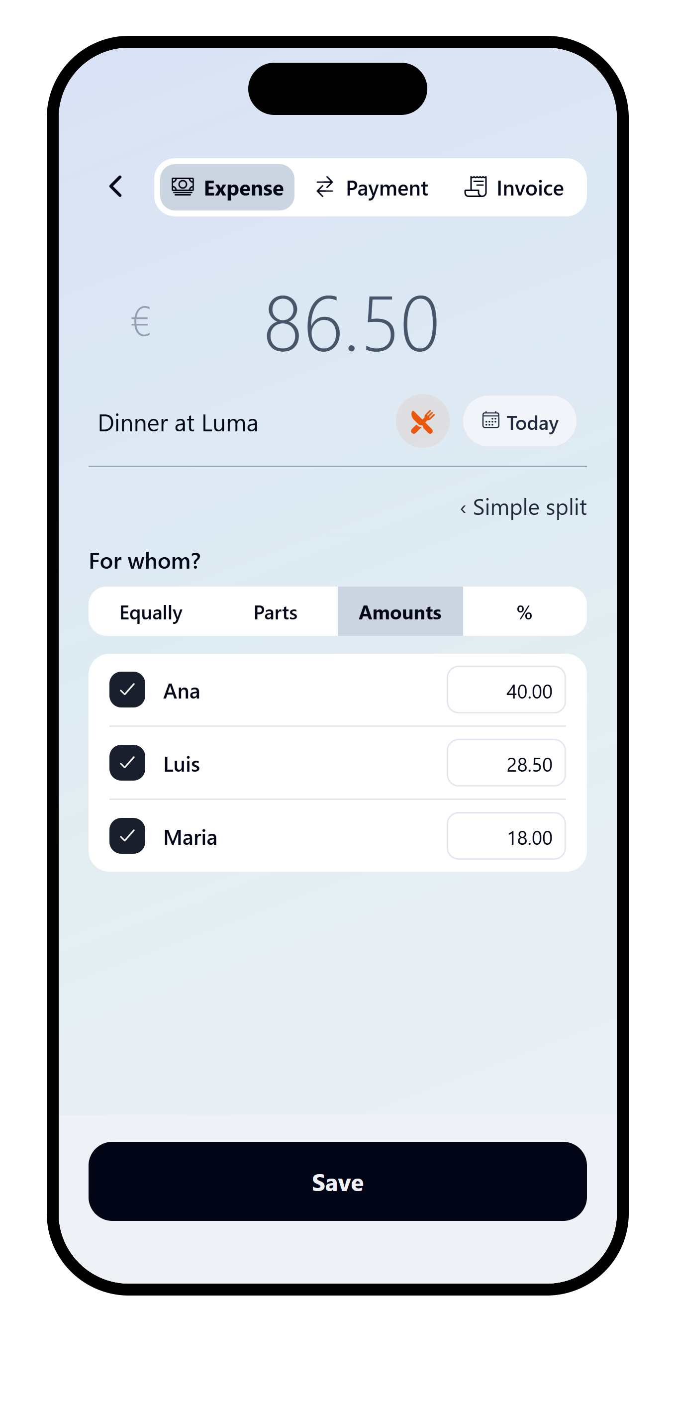 VAKKA exact amount split ready to save after the values have been adjusted.