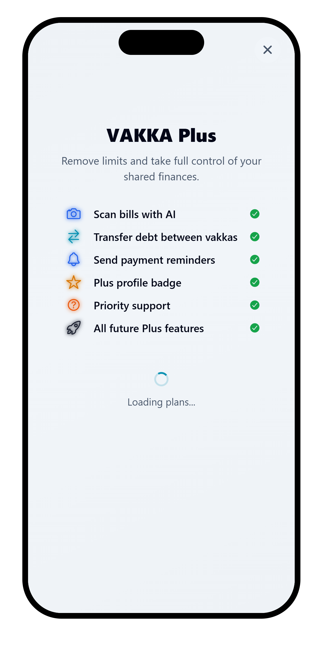 VAKKA Plus screen showing AI receipt scanning, debt moves and payment reminders while app-store plans load.