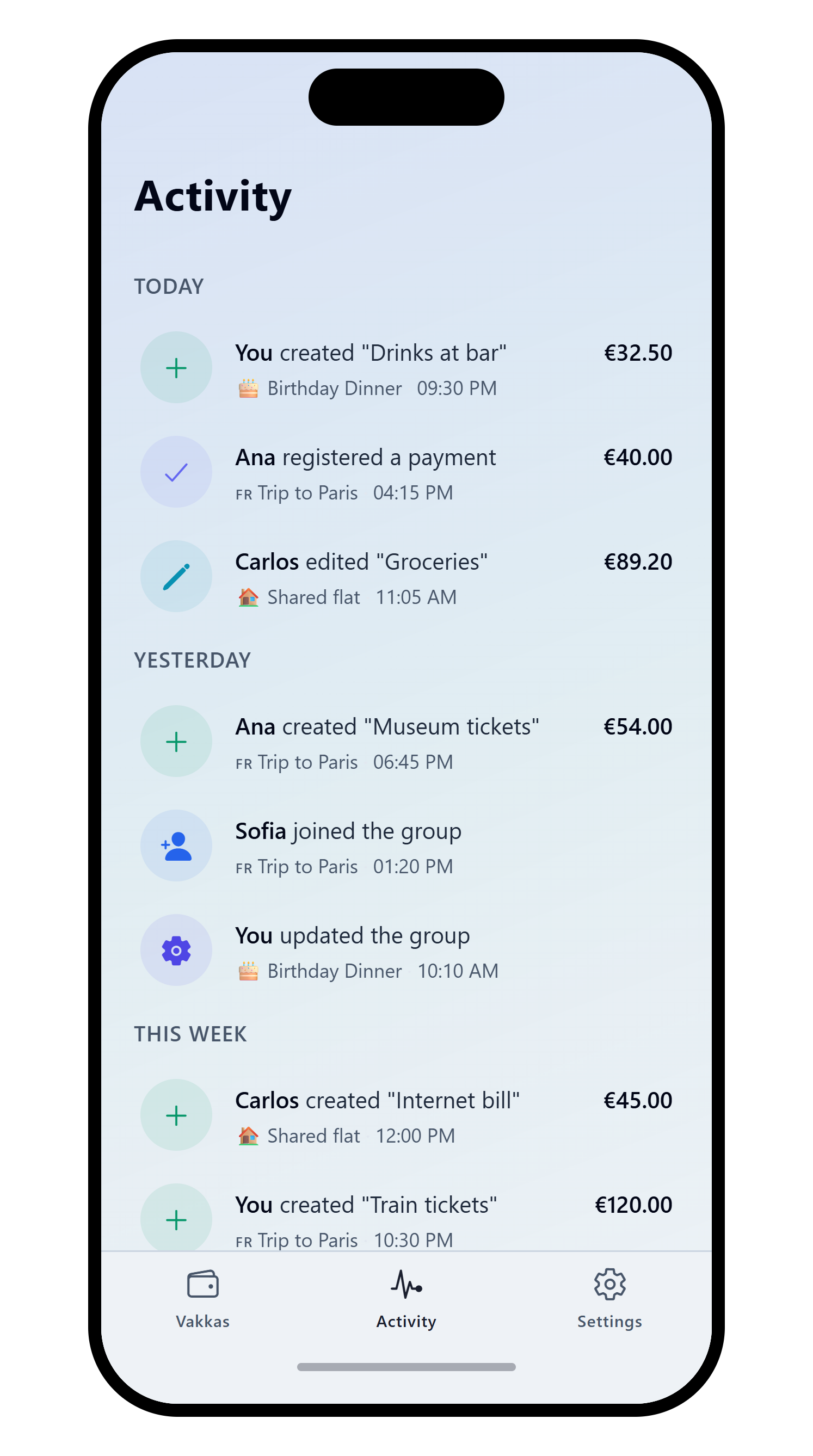 Activity list light theme